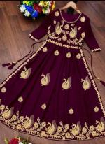 Georgette Wine Traditional Wear Embroidery Work Readymade Gown